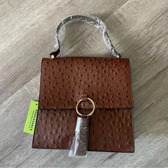NWT Faux Leather Ostrich Pattern Tassel Top Handle Crossbody Bag Brown - Picture 2 of 10